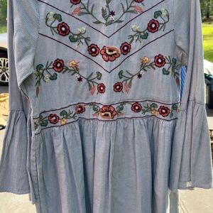 Hummingbird Blue Floral Embroidered Long Sleeve Dress
